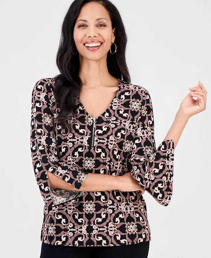 Women's Printed 3/4-Sleeve Zip-Front Top - thumbnail 6
