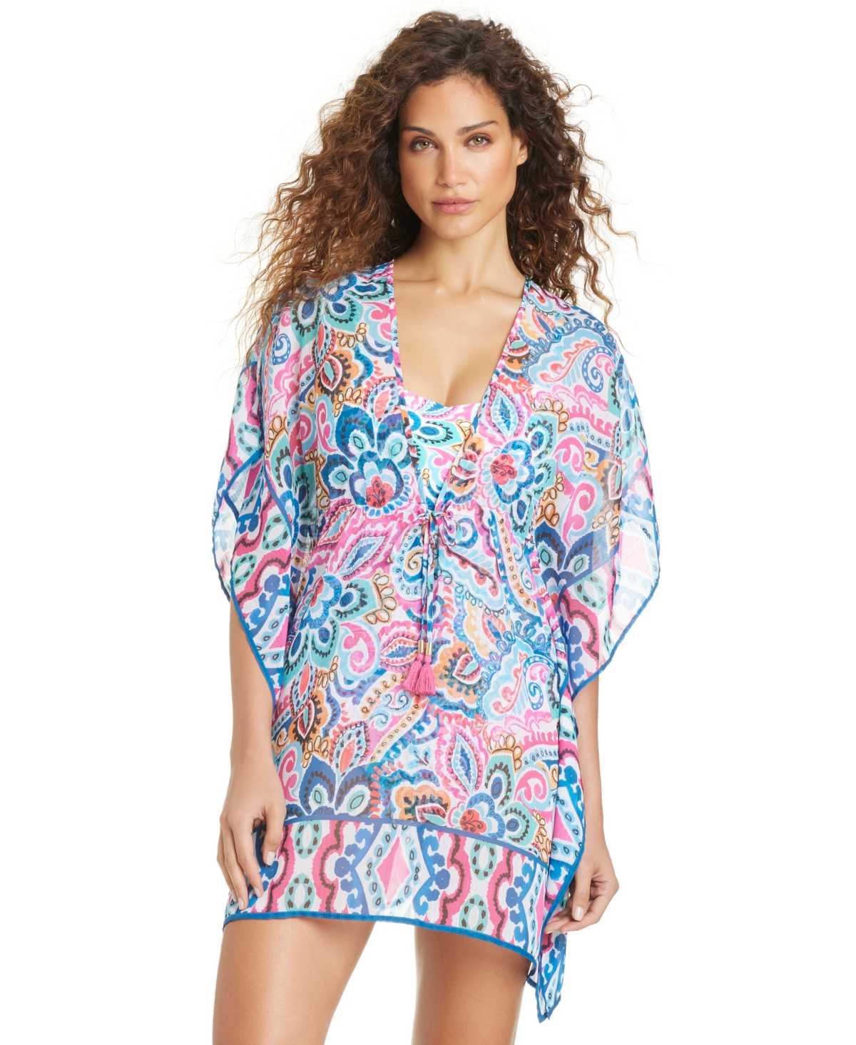 Beyond Control Women's Artistic Paisley Chiffon V-Neck Swim Cover-Up Caftan
