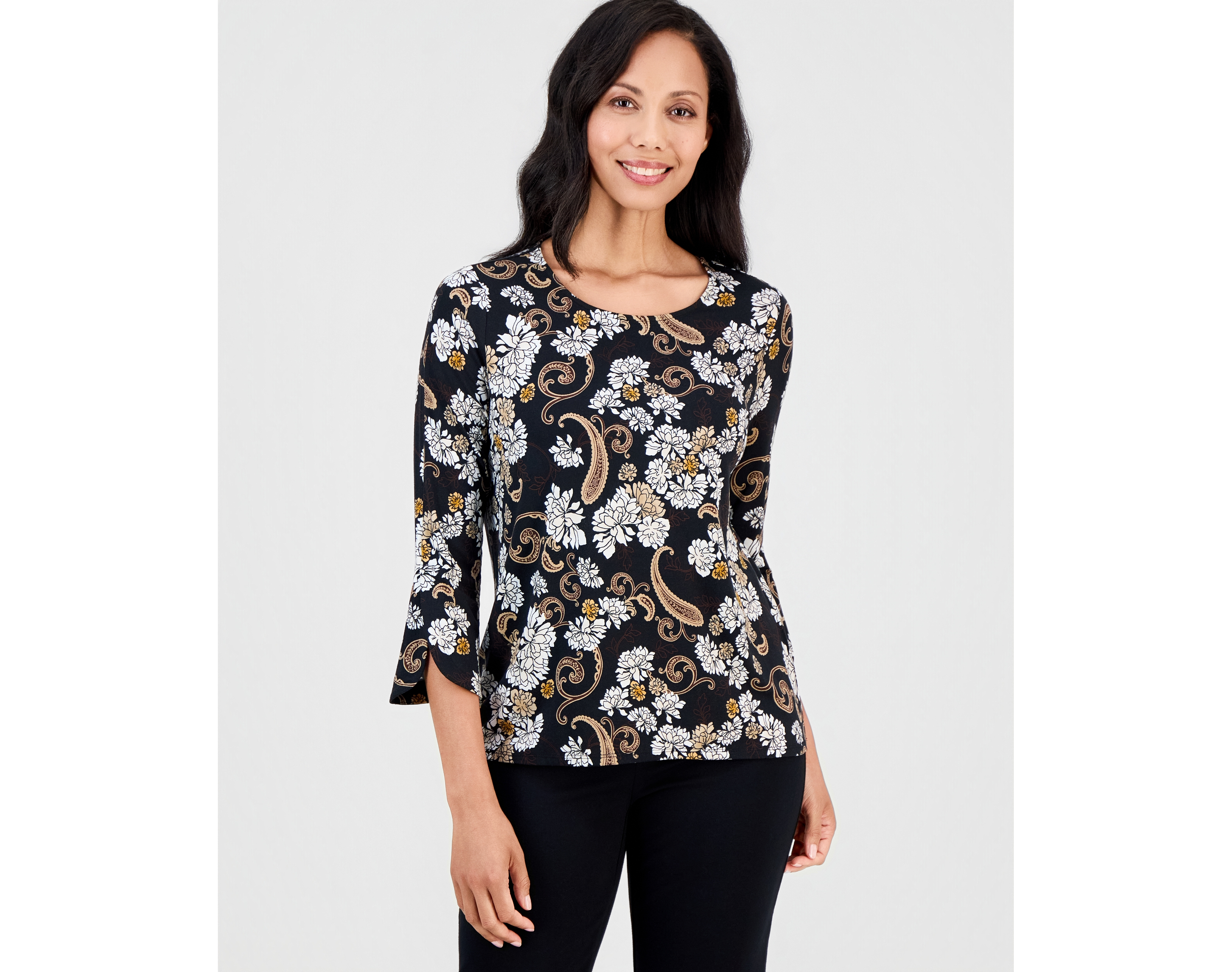 Jm Collection Petite Floral 3/4-Length Tulip Top, Macy's Exclusive