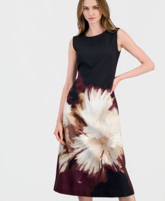 Anne Klein Petite Scuba Floral Print A-Line Midi Dress
