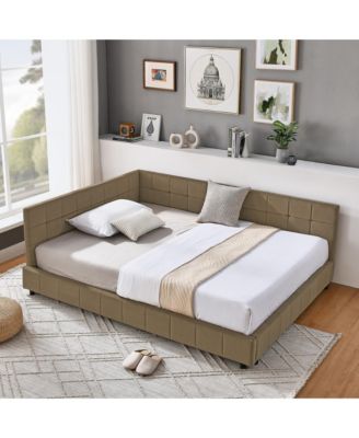 Full Size Daybed with Trundle Drawer - Velvet Upholstered Bed Frame with Comfortable Backrest and Armrests