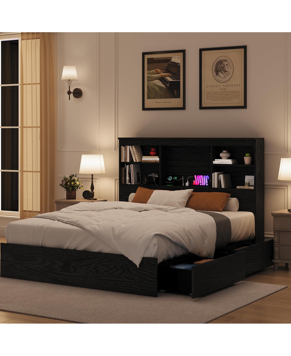 homfan Wood Bed Frame with Bookcase Headboard, 4 Storage Drawers, Built-in Charging Station, Metal Platform, Noise-Free