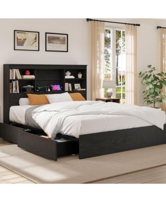 Wood Bed Frame with Bookcase Headboard, 4 Storage Drawers, Built-in Charging Station, Metal Platform, Noise-Free, No Box Spring Needed