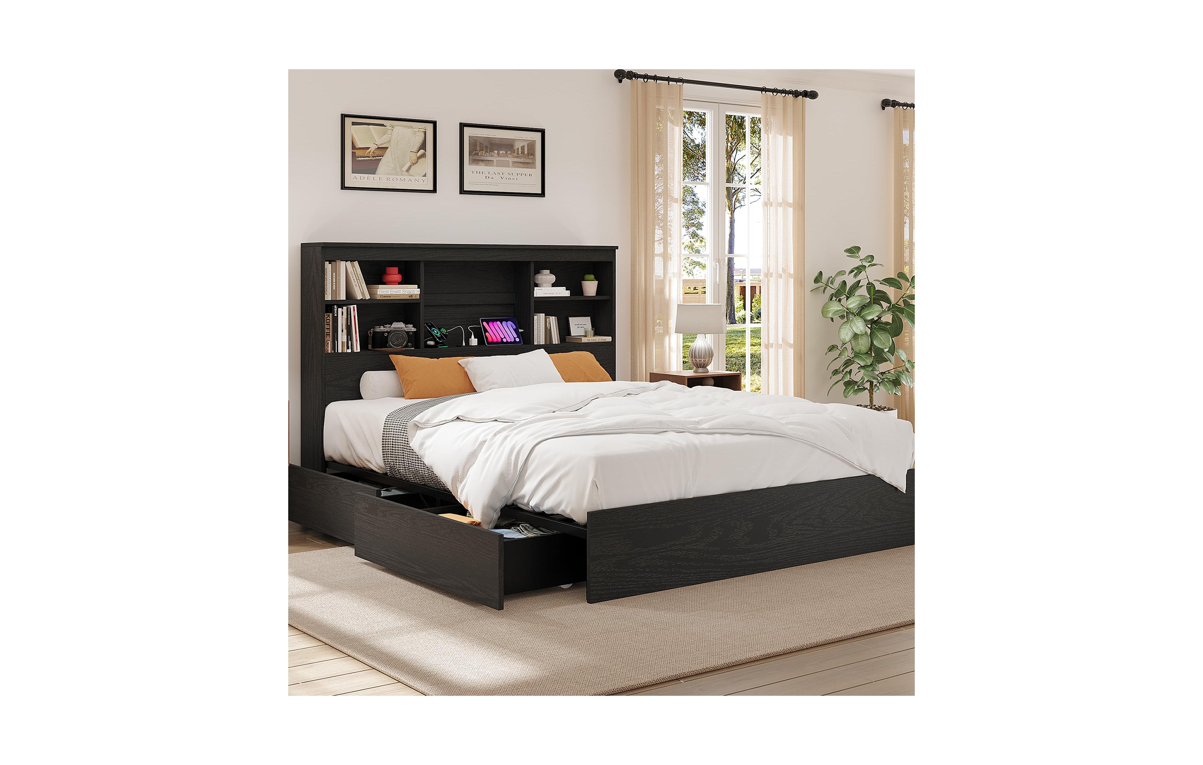homfan Wood Bed Frame with Bookcase Headboard, 4 Storage Drawers, Built-in Charging Station, Metal Platform, Noise-Free