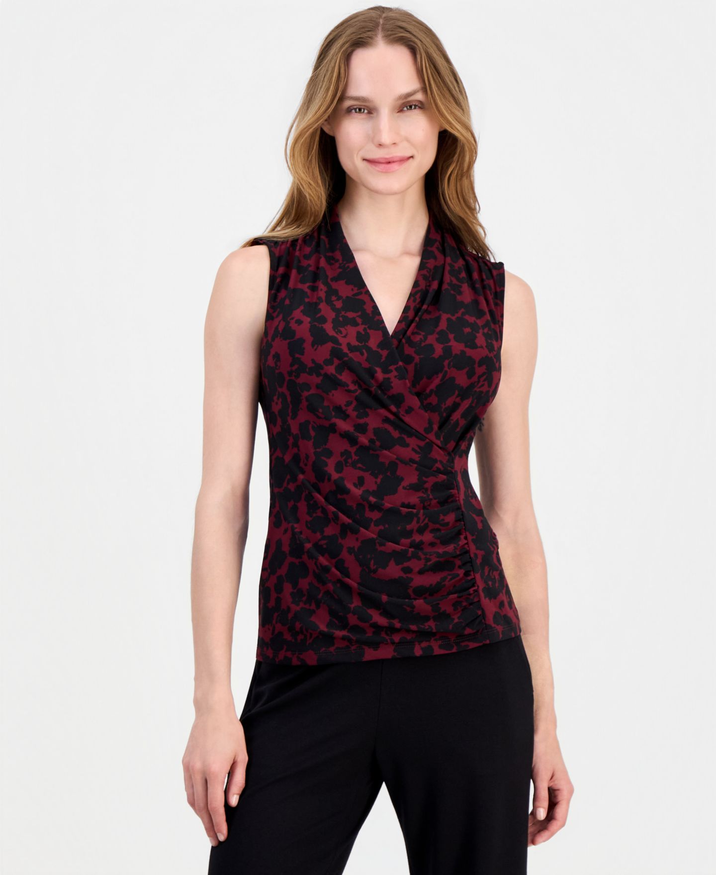 Женский топ Anne Klein Printed Faux-Wrap Sleeveless Top, цвет: Чёрный — фото 1