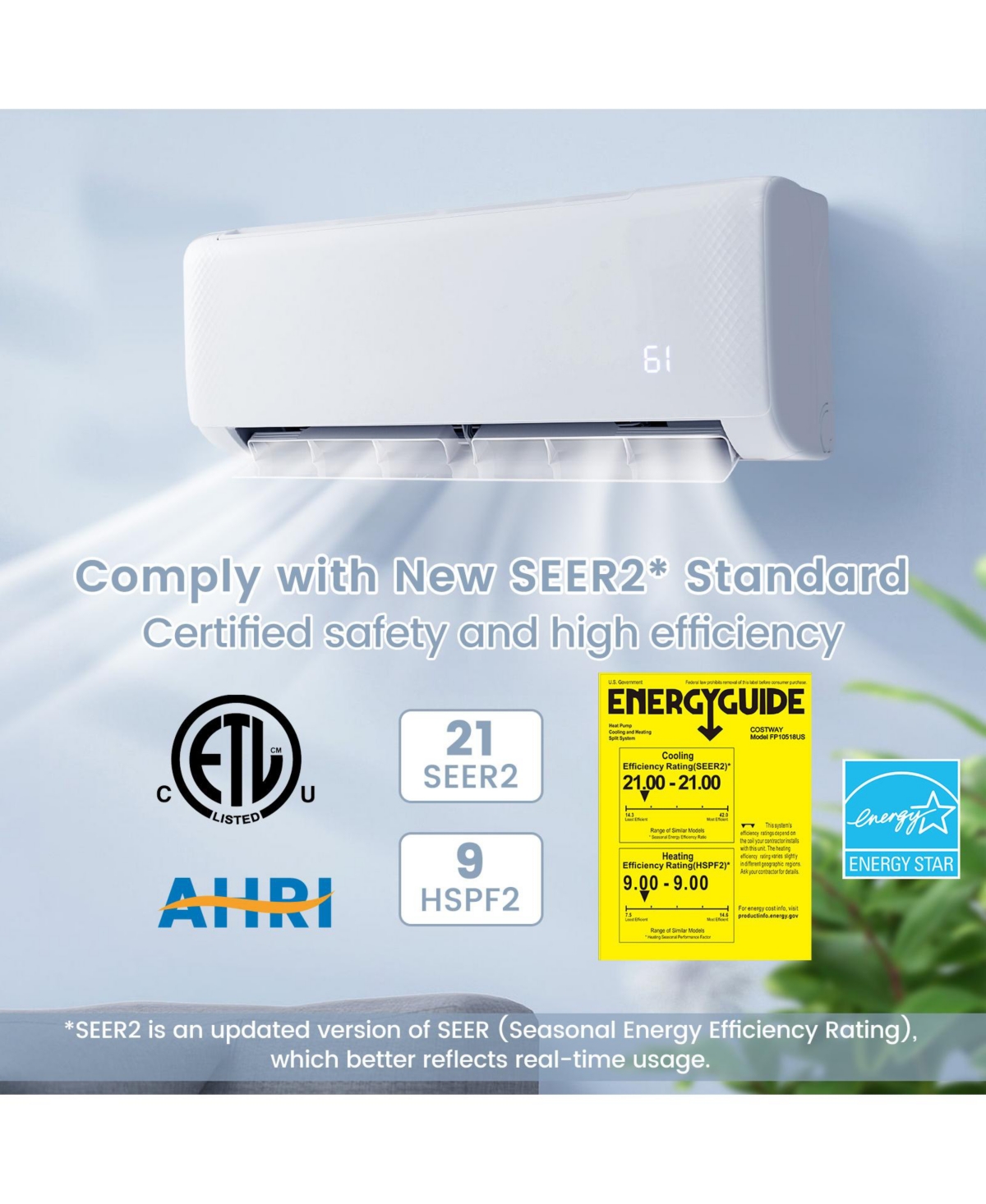 Ecooso Airtural Series 18000 Btu 21 SEER2 Ductless Mini Split Air Conditioner and Heater 208-230V Energy Star Certified