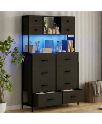 12 Drawer Dresser, Large Fabric Chest of Drawers with LED Light and Charging Station, 3 Open Shelves