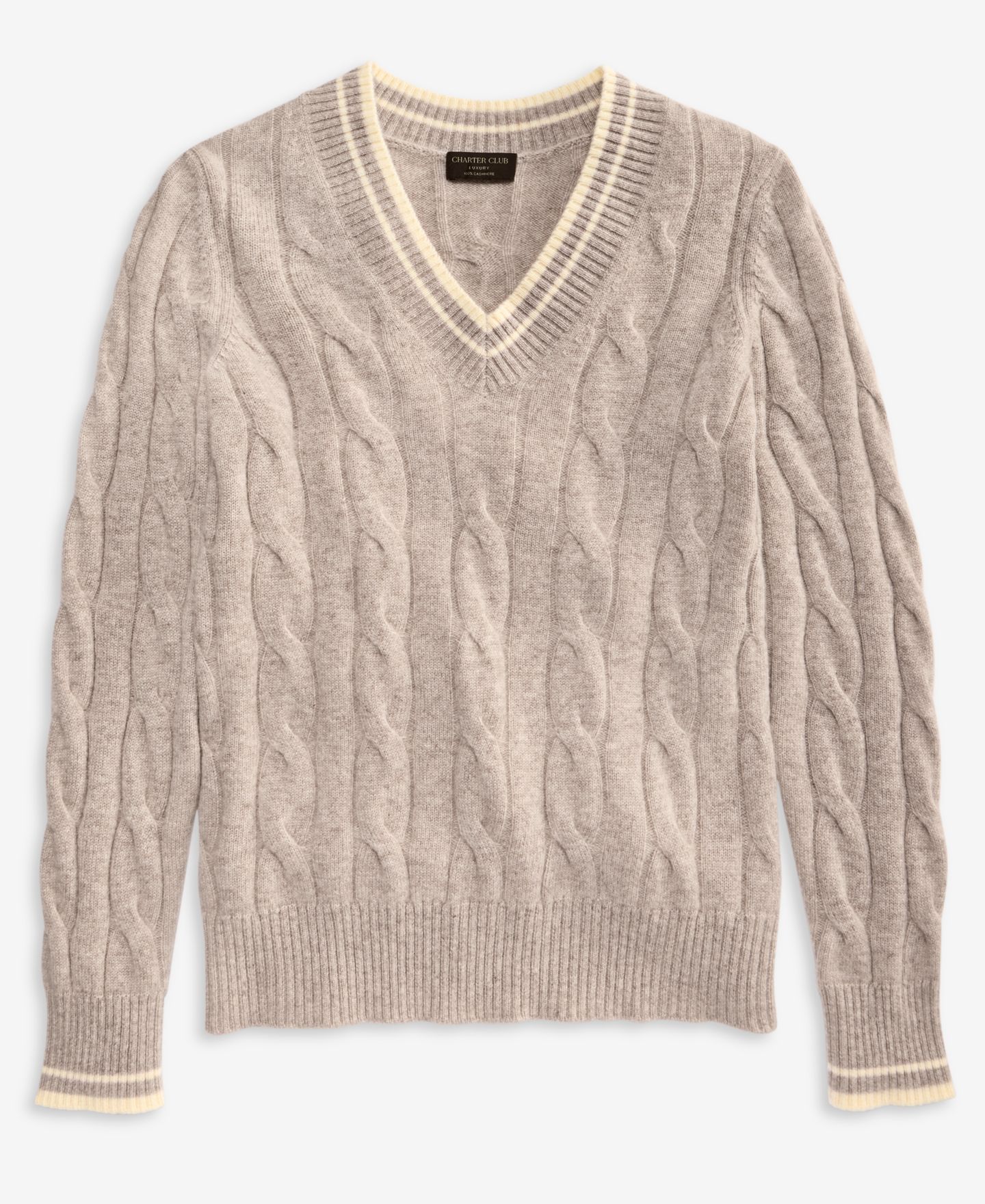 Женский свитер Charter Club 100% Cashmere Cable-Knit Tipped V-Neck, цвет: Жемчужный серо-коричневый меланжевый — фото 6
