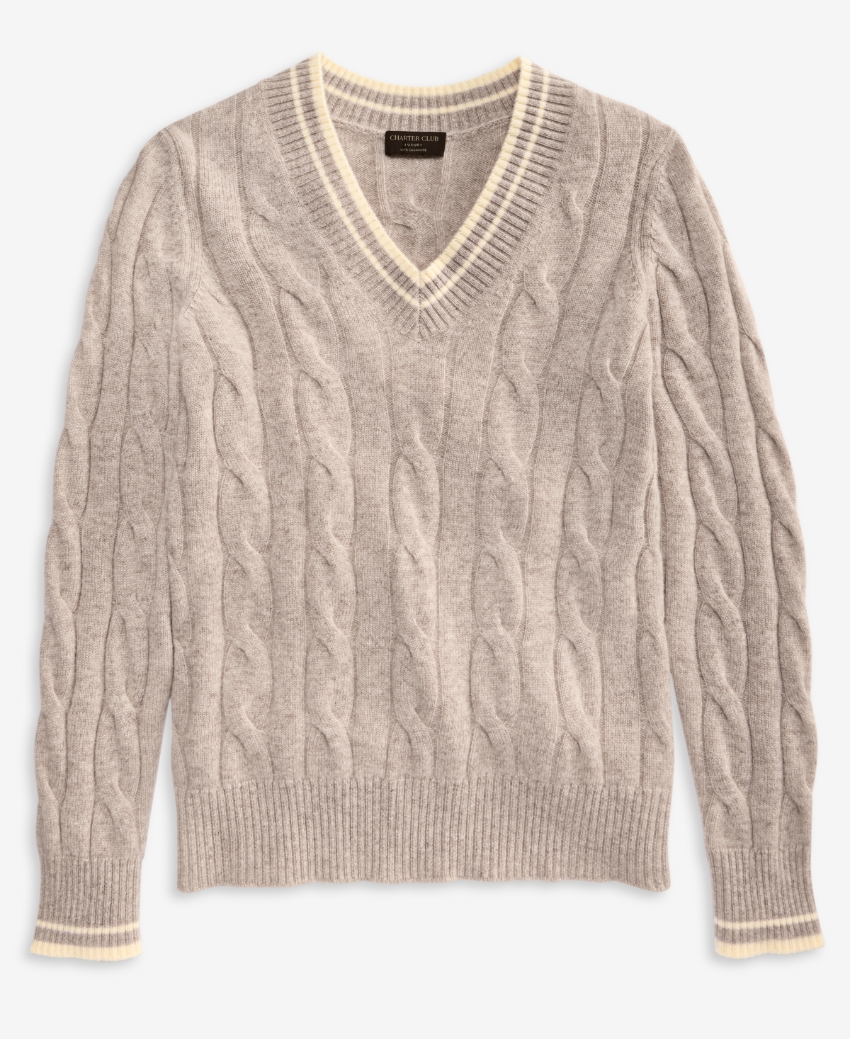 Charter Club Women's 100% Cashmere Cable-Knit Tipped V-Neck Sweater, Macy's Exclusive