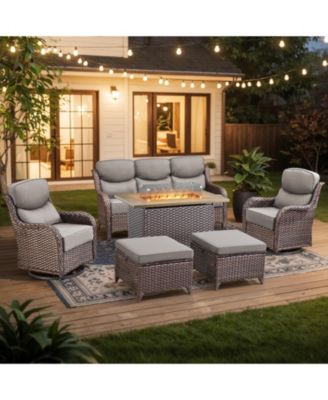 Outdoor Patio Furniture Set 6Piece Wicker Patio Conversation Set with Fire Pit, Swivel Chairs Sofa and Ottomans with 6 Thick Cushion