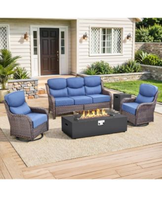 7 Pieces Patio Rocking Swivel Chair with Fire Pit Table Outdoor Wicker Rattan Bistro Set with Tempered Glass Side Table