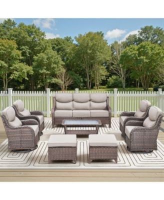 8 Piece Outdoor Wicker Conversation Set with Thick Cushions, High Back Rattan Sofaand Swivel Rocker Chairs, Weather Resistant Olefin Fabric