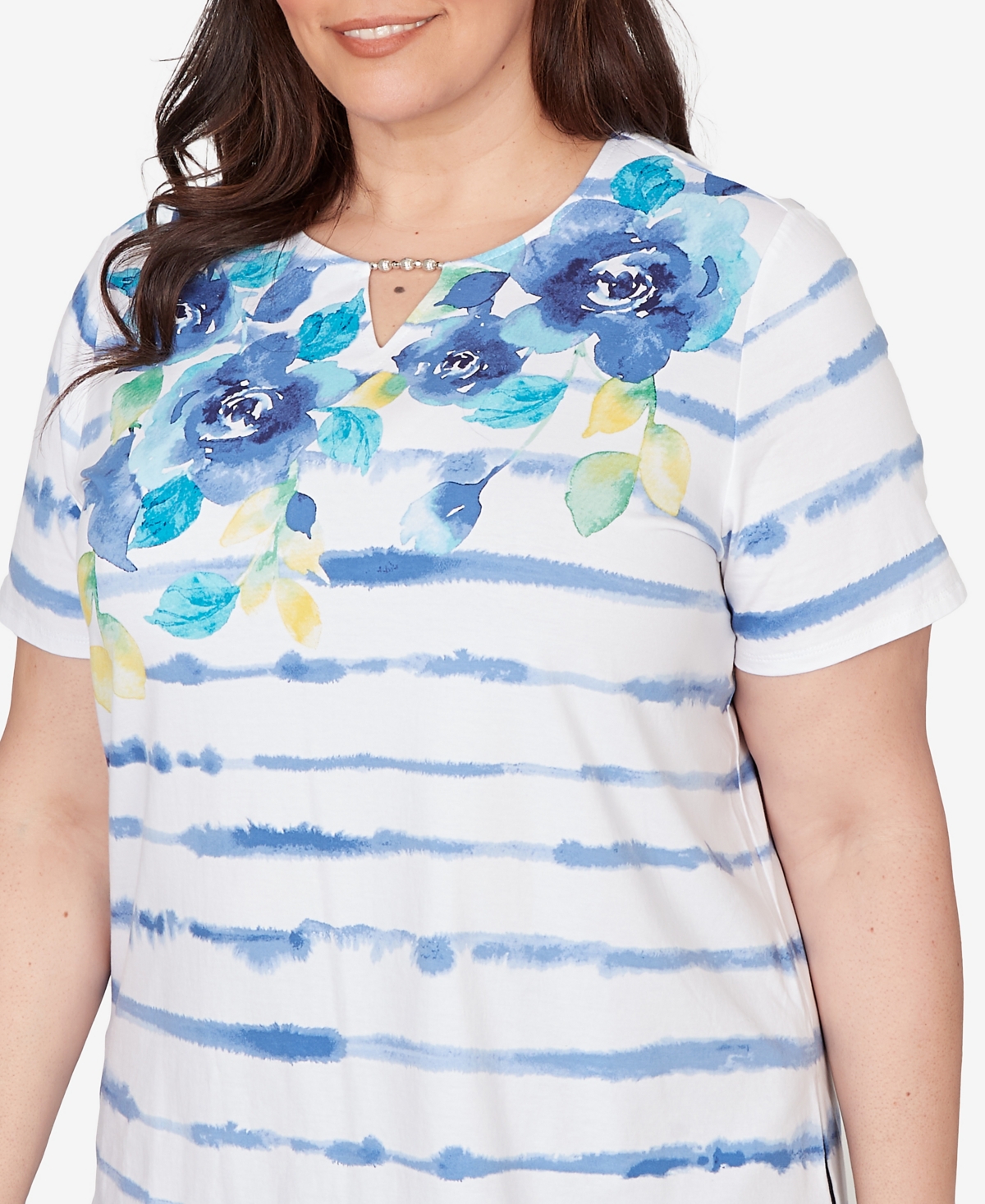 Alfred Dunner Plus Striped Floral Split Neck T-Shirt