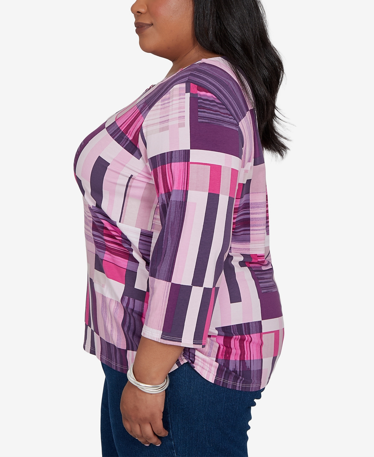Alfred Dunner Plus Purple Bars Ruched Sides Top