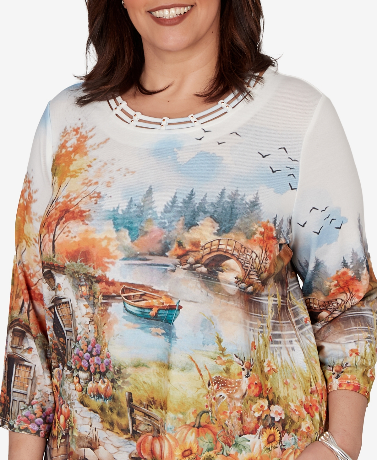Alfred Dunner Plus Autumn Lake Scenic Print Top