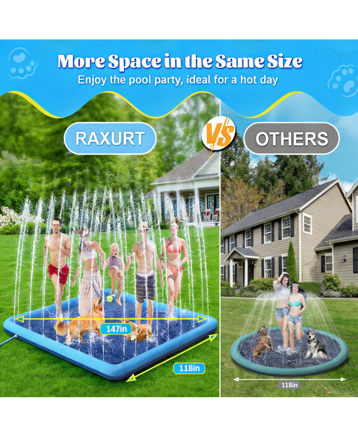 Aofar 118" Splash Pad Non-slip Dog Pool Sprinkler Outdoor Pet Summer