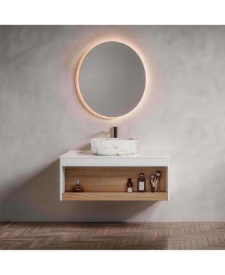35.4 Inch Wall Mounted Bathroom Vanity with Marble Vessel Sink, Floating Plywood Cabinet, Open Storage for Small Spaces