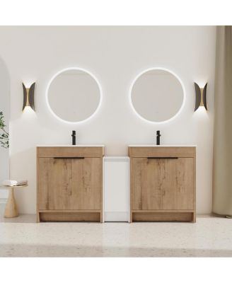 72 Inch Freestanding Double Bathroom Vanity Set with Ceramic Sinks, Plywood Cabinets, Center Storage for Modern Bathrooms