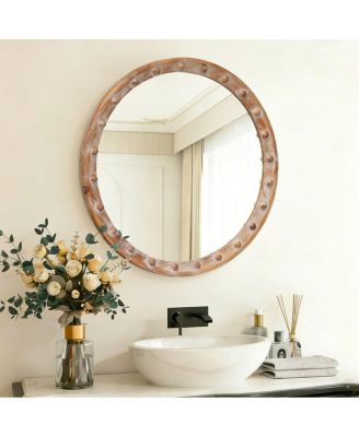 23.6" Rustic Round Accent Mirror with Distressed Frame and Rivet Design for Entryway, Living Room Decor