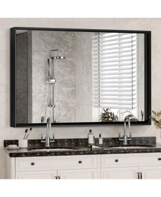 Modern Floating Glass Wall Mirror, Matte Black Bathroom Vanity Mirror with Aluminum Frame