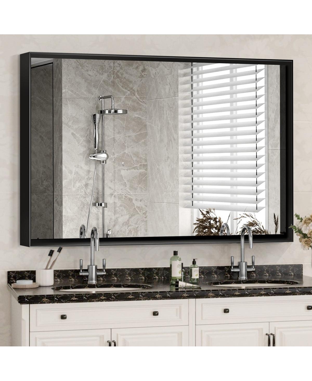 Laoties Modern Floating Glass Wall Mirror, Matte Black Bathroom Vanity Mirror with Aluminum Frame
