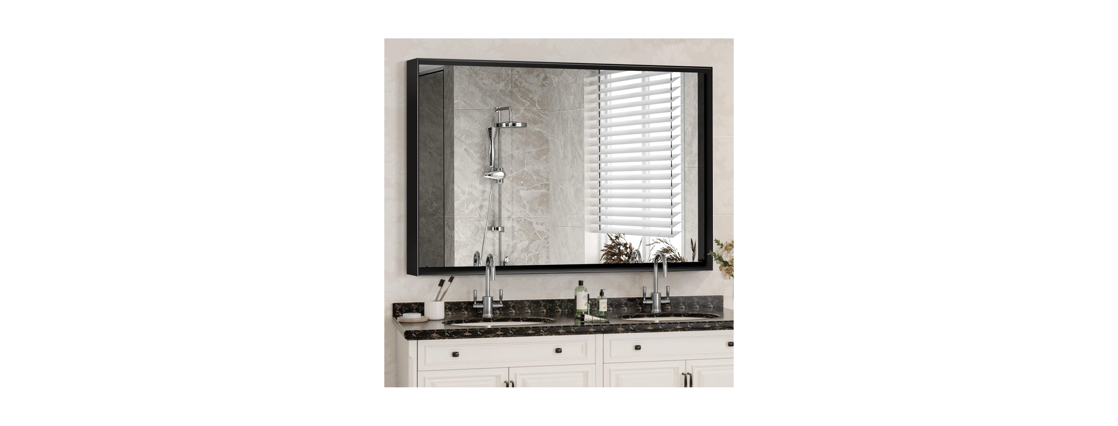 Laoties Modern Floating Glass Wall Mirror, Matte Black Bathroom Vanity Mirror with Aluminum Frame