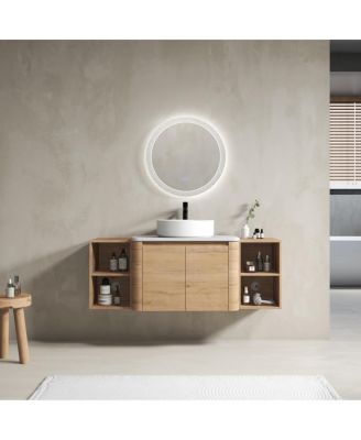 53 Inch Wall Mounted Bathroom Vanity with Ceramic Vessel Sink, Stone Top and Storage Shelves for Modern Bathrooms