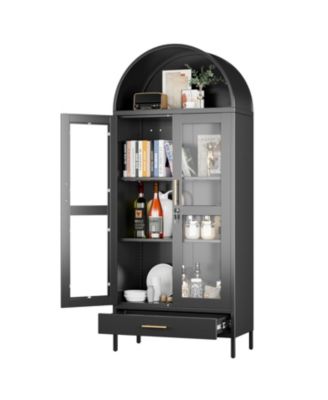 Metal Arched Display Cabinet with Lock, Pantry Storage Hutch with Glass Doors and Drawer