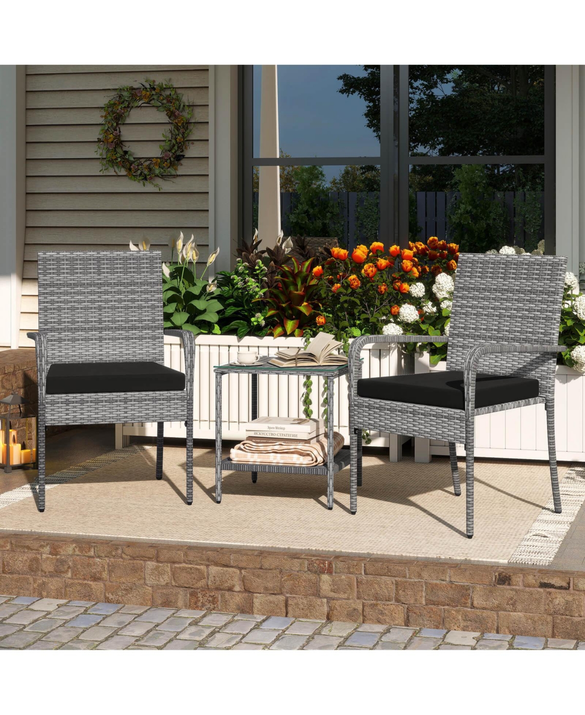 Costway 3 Pieces Patio Furniture Set with Seat Cushions and Tempered Glass Tabletop