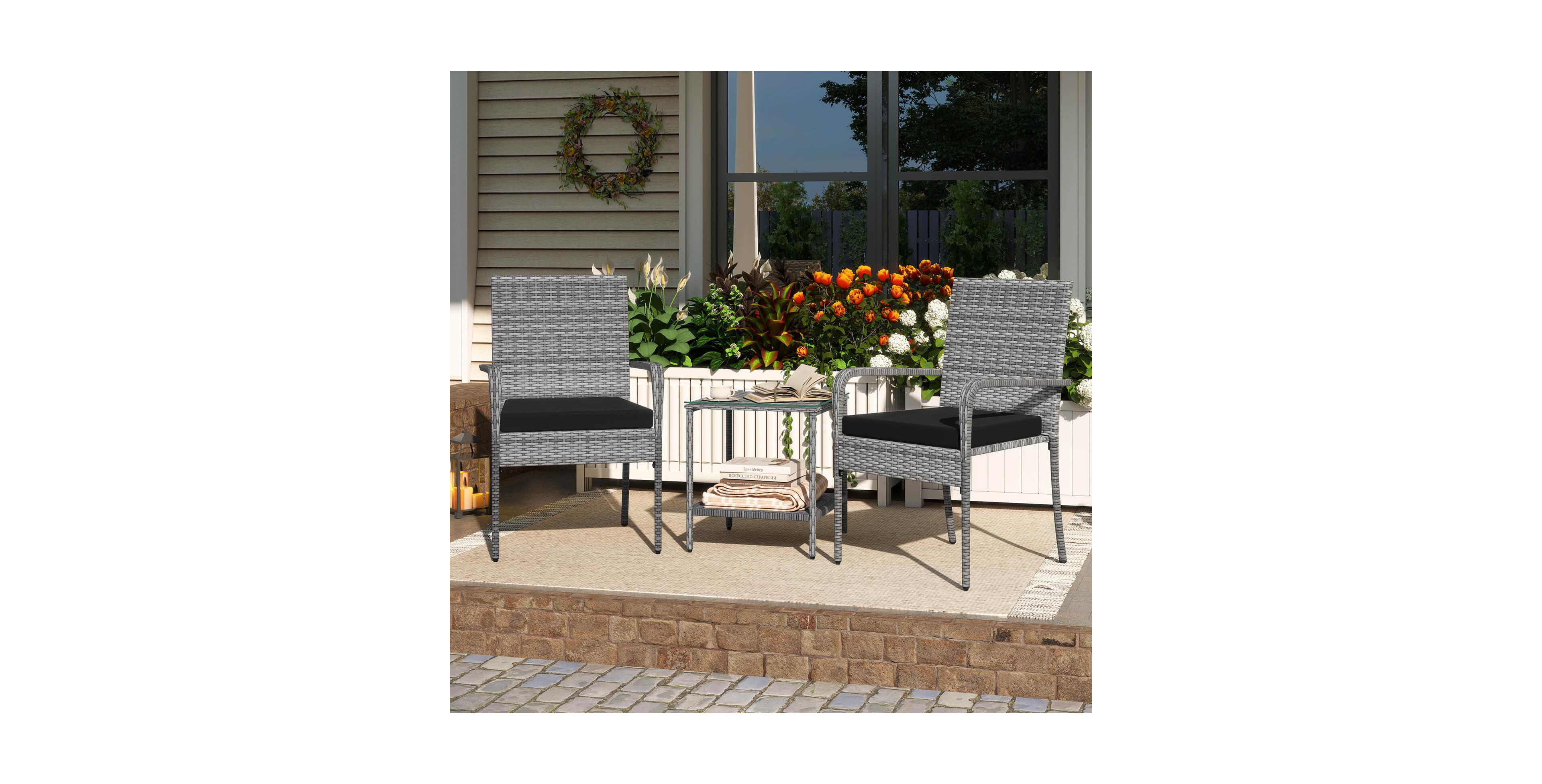 Costway 3 Pieces Patio Furniture Set with Seat Cushions and Tempered Glass Tabletop