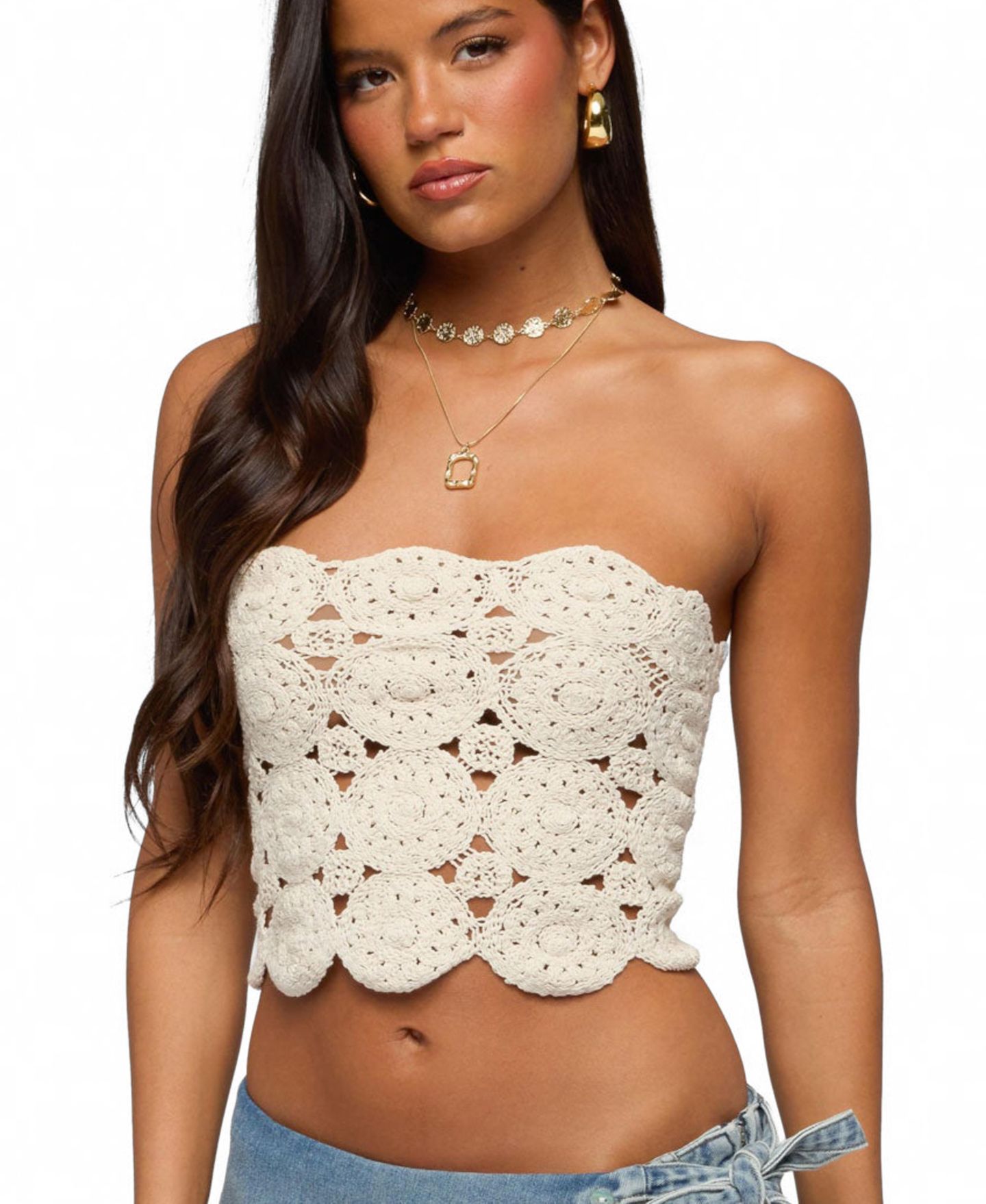 Женский топ Edikted Laurin Crochet Strapless, цвет: Кремовый — фото 1