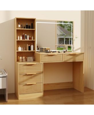 48"Fluted Vanity Desk with Lights, Glass Top Dressing Table with 5 Drawers and Charging Station, 36" Mirror, Wood, Oak Finish Bedroom Furniture