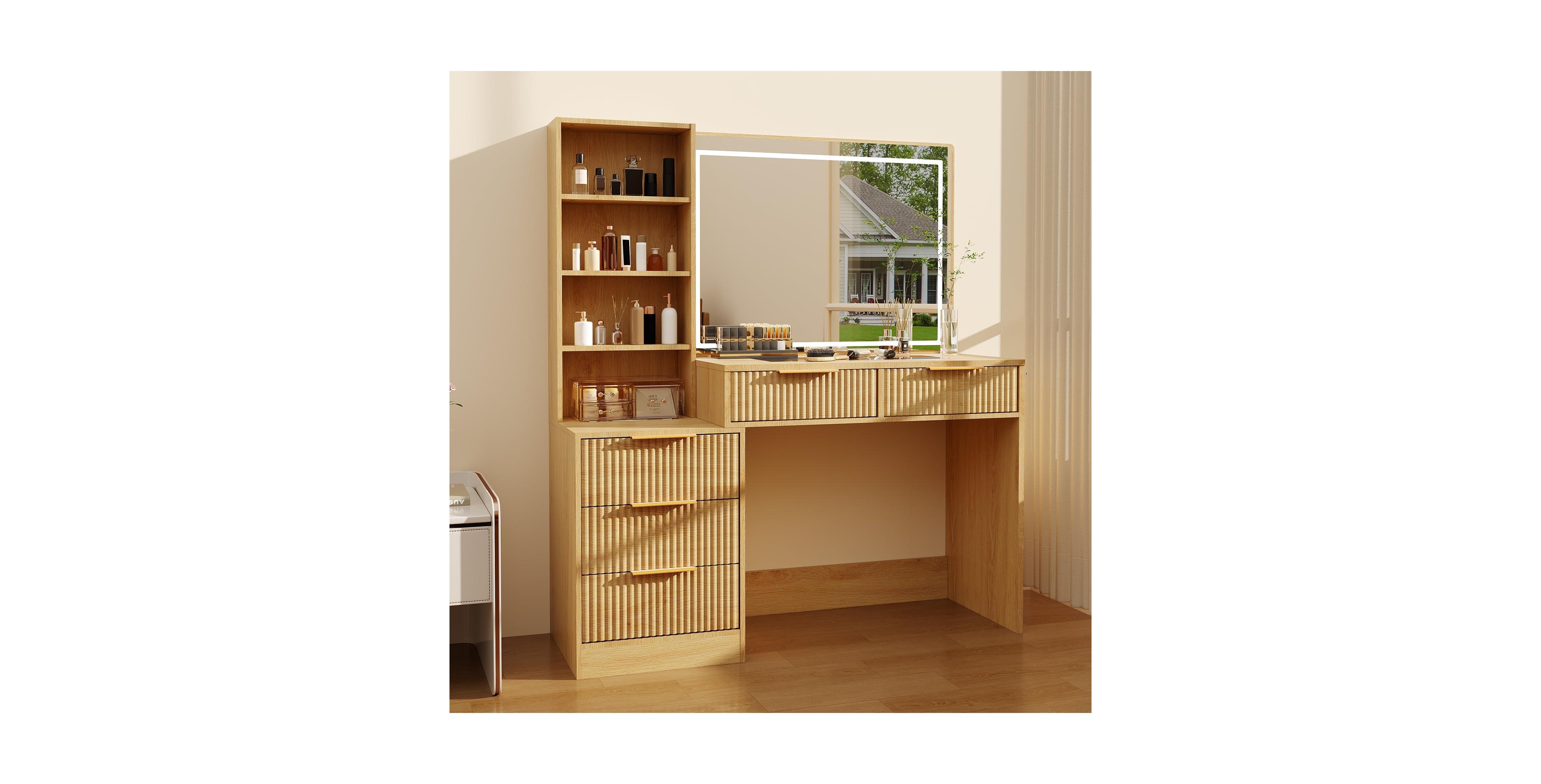 homfan 48"Fluted Vanity Desk with Lights, Glass Top Dressing Table with 5 Drawers and Charging Station, 36" Mirror, Wood, Oak Finish Bedroom Furniture