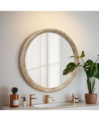 Modern Round Decorative Wall Mirror with Beaded Frame for Bathroom, Living Room, Entryway