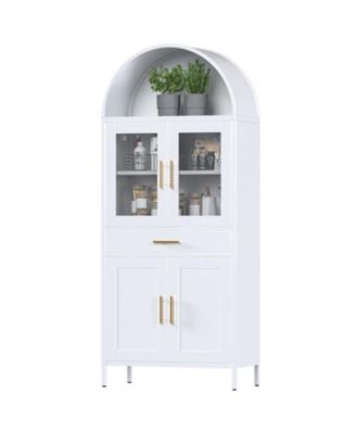 Farmhouse Arched Coffee Bar Cabinet, White Metal Pantry Hutch with Glass Doors and Drawers