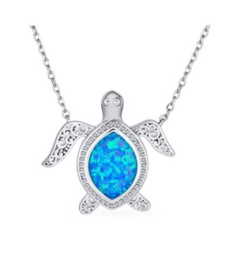 Sea Turtle Pendant Necklace Created Opal Inlay Nautical .925 Sterling Silver