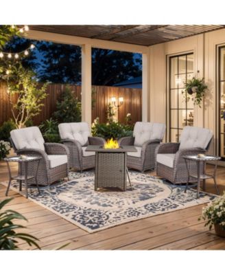 7Pcs Patio Rocking Swivel Chair with Square Fire Pit Table Outdoor Wicker Rattan Bistro Set with Tempered Glass Side Table