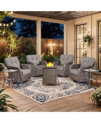 7Pcs Patio Rocking Swivel Chair with Square Fire Pit Table Outdoor Wicker Rattan Bistro Set with Tempered Glass Side Table