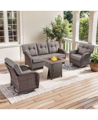 4 Pieces Patio Furniture Set, Wicker Outdoor Conversation Sets with Fire Pit Table for Backyard Garden Deck