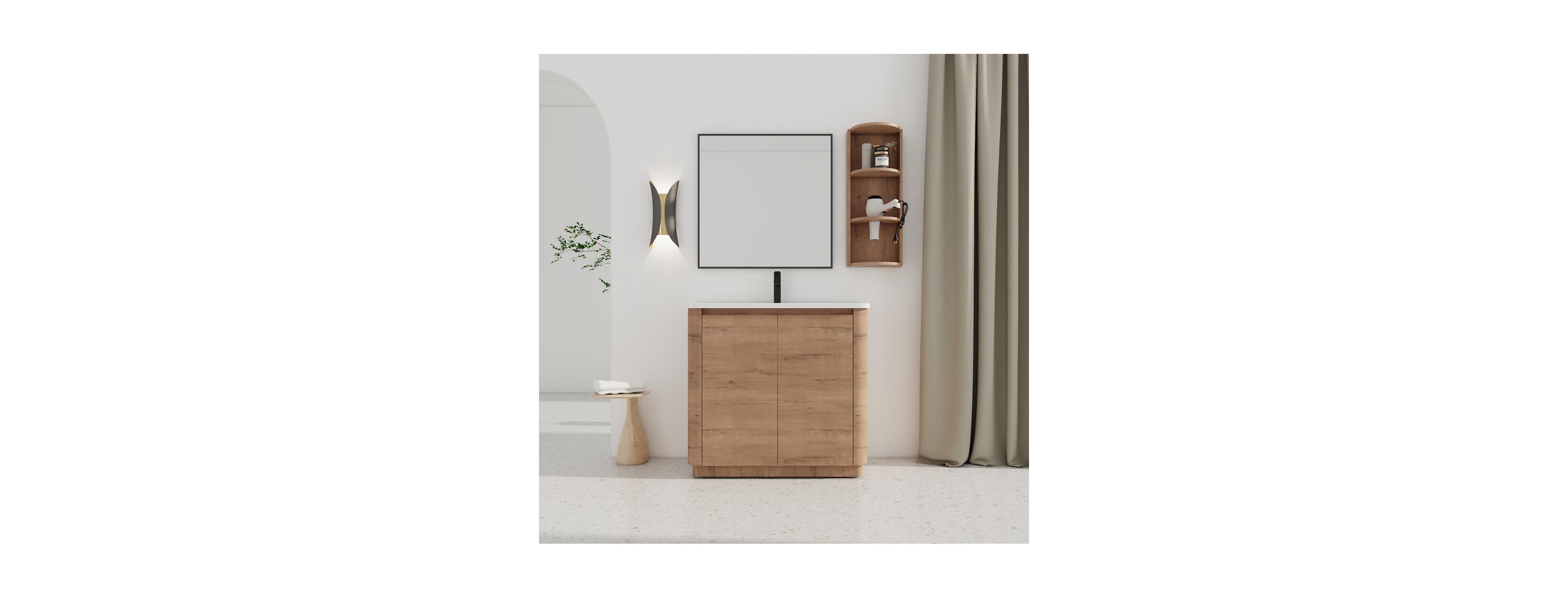 Sillysis Modern Bathroom Vanity Set with Storage Shelf, Freestanding Plywood Cabinet, Ceramic Sink