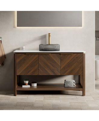 Modern Bathroom Vanity with Vessel Sink, Sintered Stone Countertop, Soft Close Solid Wood 3D Doors, Open Shelf Storage