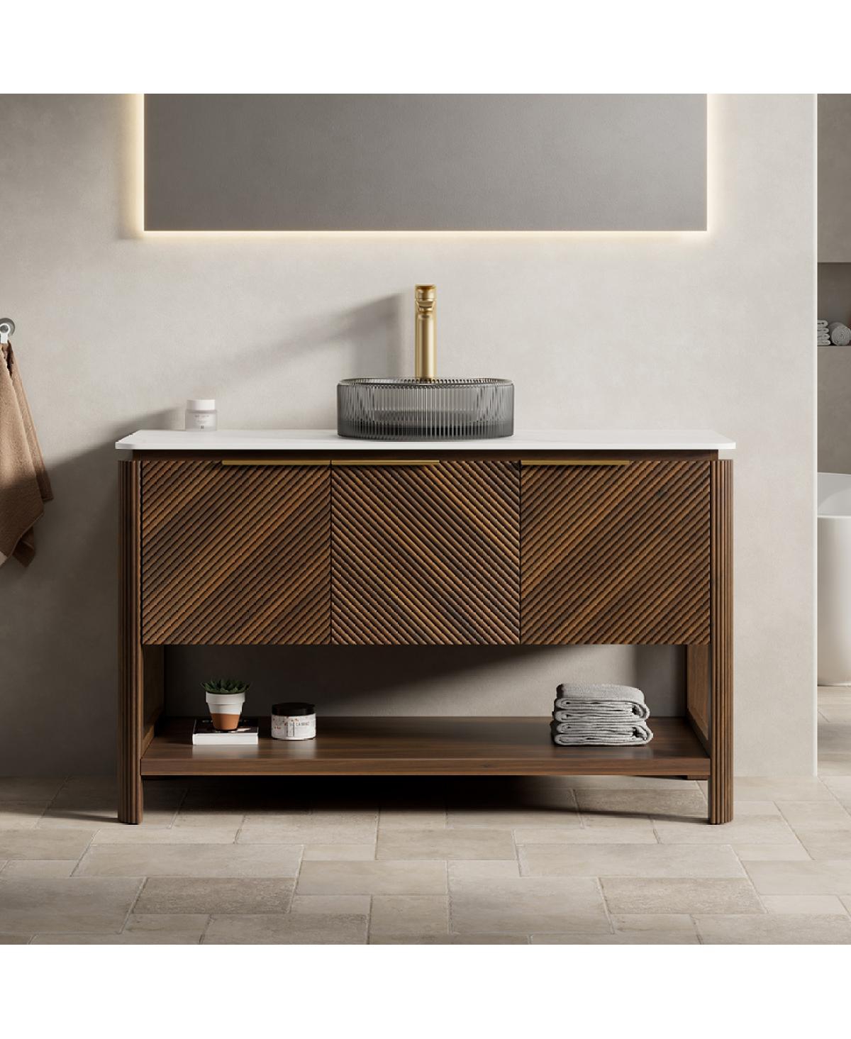 Sillysis Modern Bathroom Vanity with Vessel Sink, Sintered Stone Countertop, Soft Close Solid Wood 3D Doors