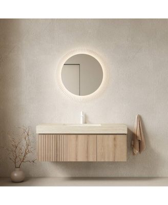 48" Oak Floating Plywood Vanity Set With Sink, Travertine Sintered Stone Top 1-Hole Faucet