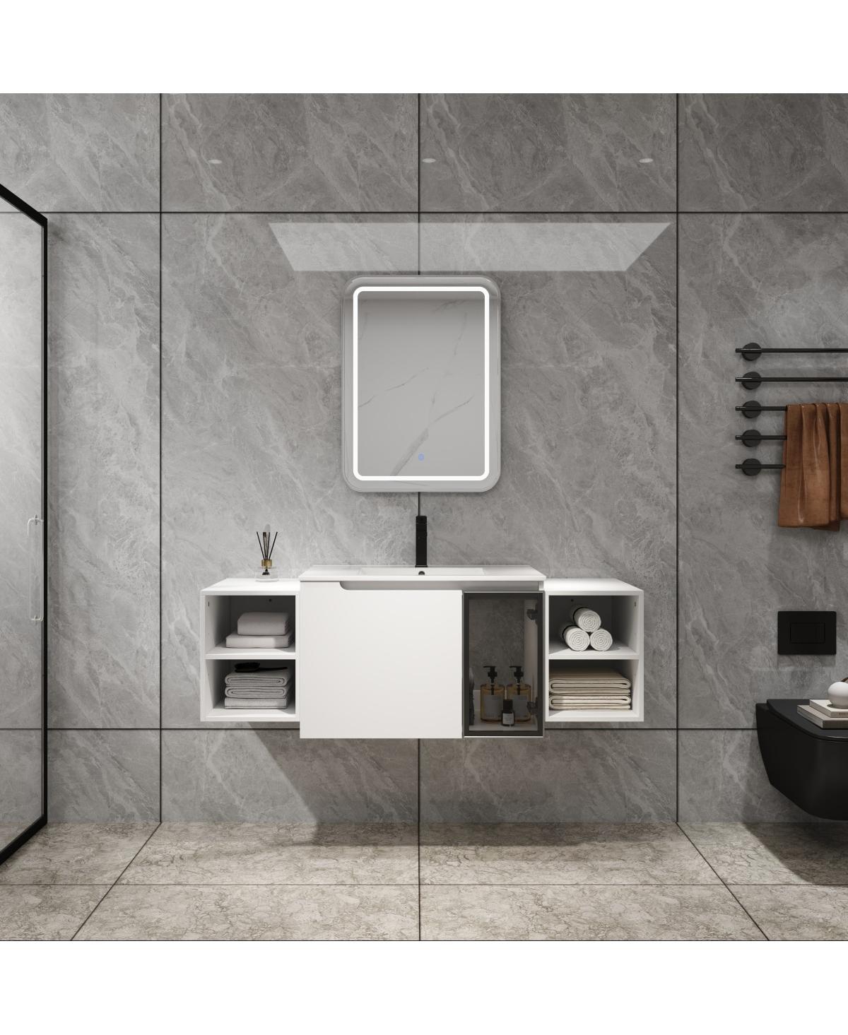 Sillysis Wall Mounted Bathroom Vanity with Ceramic Sink, Modern Floating Plywood Cabinet