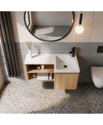 35.5 Inch Corner Floating Bathroom Vanity with Integrated Resin Sink, Plywood Cabinet, Open Storage for Small Bathrooms