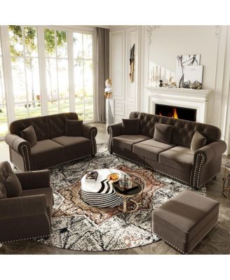 Velvet Chesterfield Sofa with Nailhead Trim Rolled Arms and Ottoman