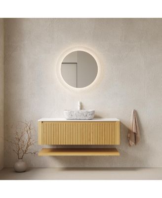 48 Inch Wall Mounted Bathroom Vanity with Ceramic Basin, Sintered Stone Top, Large Drawer, Open Shelf Storage, Pre-assembled