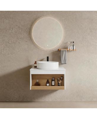 23.6 Inch Wall Mounted Bathroom Vanity with Vessel Sink, Floating Plywood Cabinet, Open Storage for Small Spaces