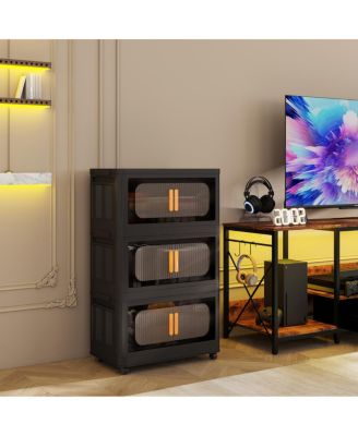 3-Tier Foldable Storage Cabinet with Magnetic Doors and Wheels