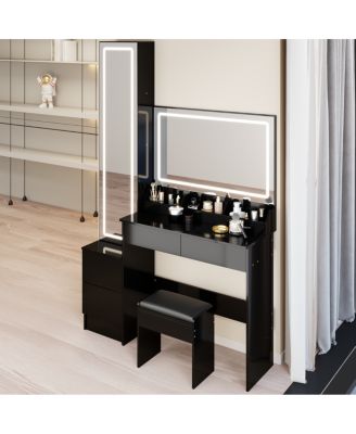 Extra Large LED Vanity Table with Mirror Cabinet Cushioned Stool and Storage